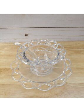 Imperial Glass Co Crochet Lace Design Condiment Set Bowl Plate Ladle 1940s Sears